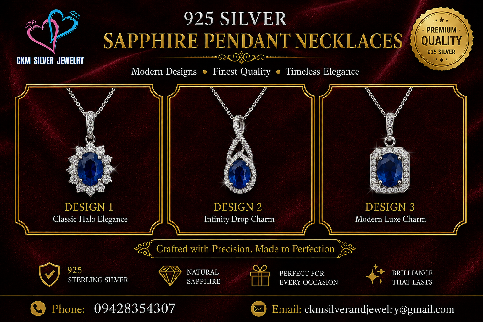 925 Silver Sapphire Pendant Necklaces