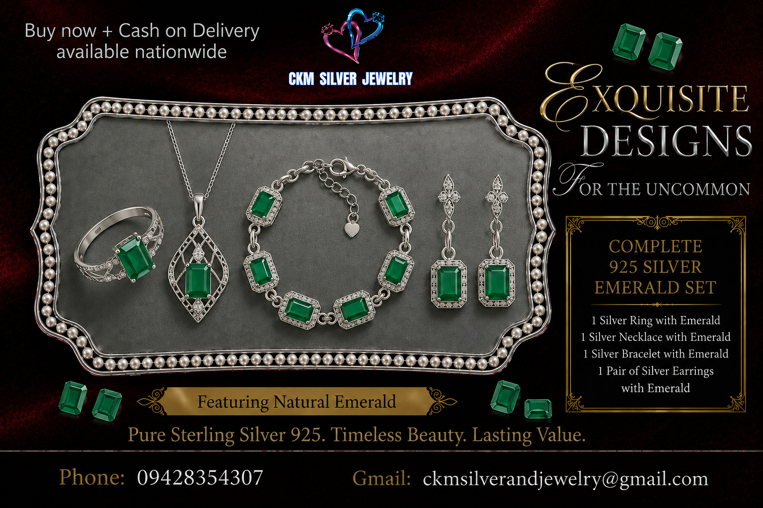 Complete 925 Silver Emerald Set